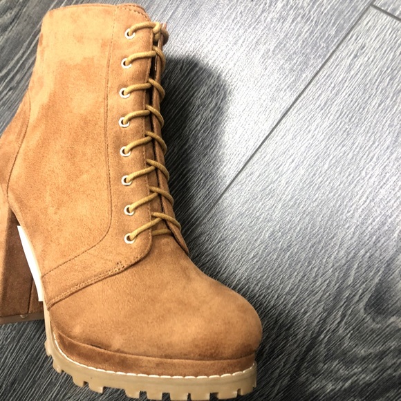 Tan Lace Up Platform Bootie Block Heel - Picture 4 of 5